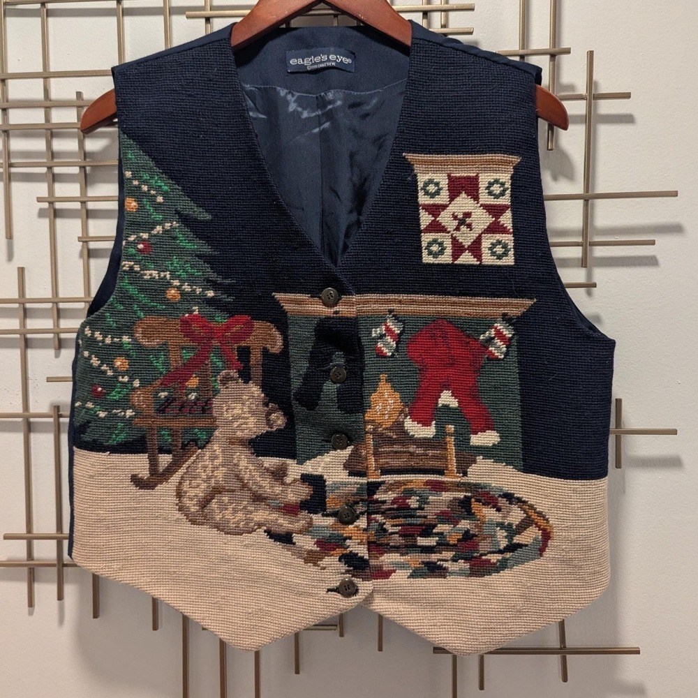 Vtg Needlepoint Vest Navy Blue Christmas Teddy Bear Festive Holiday Wool Blend